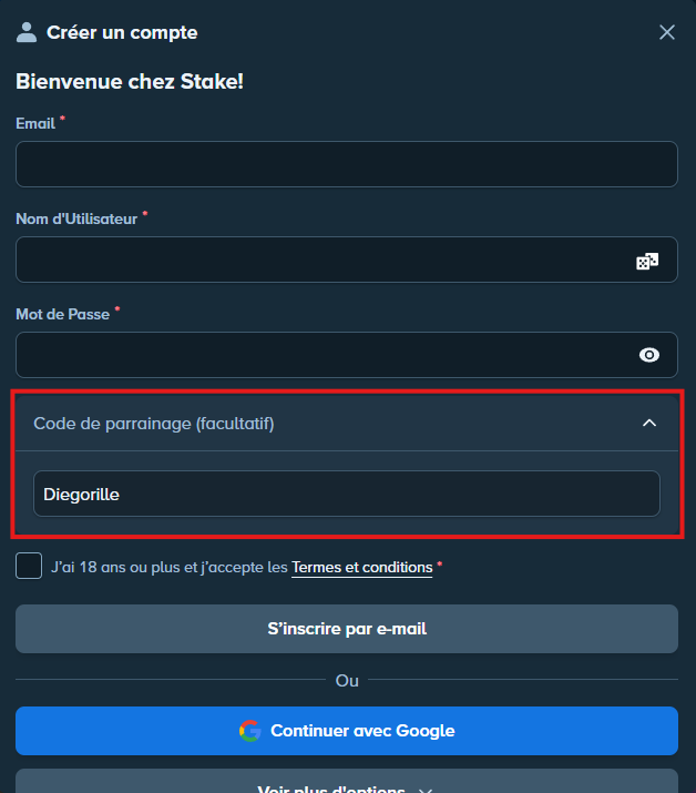 Formulaire d'inscription Stake avec le code Diegorille dans le champ Code de parrainage